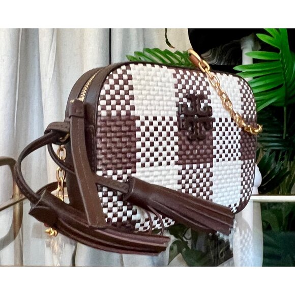 Authentic Tory Burch Brown and White Woven Plaid McGraw Camera Bag - Picture 8 of 8